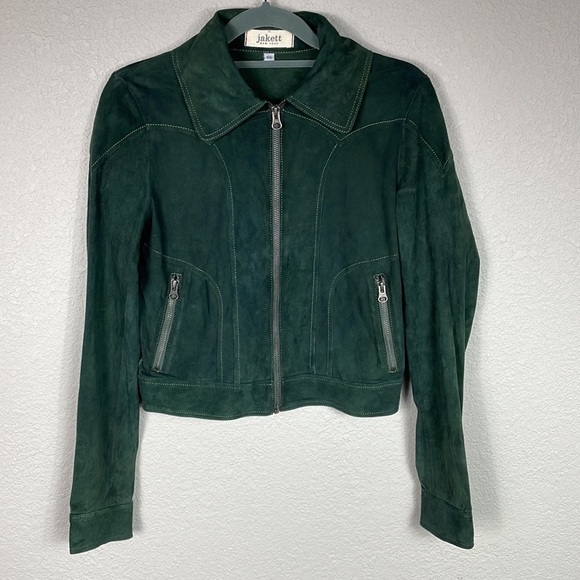Jakett New York Green Suede Full Zip Jacket Western Style Collared Sz XS - Picture 1 of 12